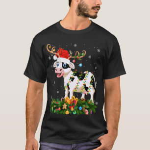 Cow Cattle Christmas Lights Reindeer Santa Hat Adu T-Shirt