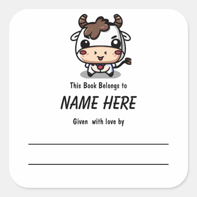 Cow Children's Bookplate With Message Square Sticker (Front)