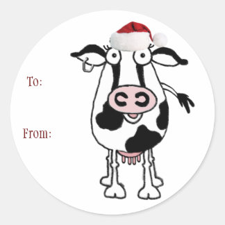 Cow Christmas Gift Sticker: To: From: Classic Round Sticker