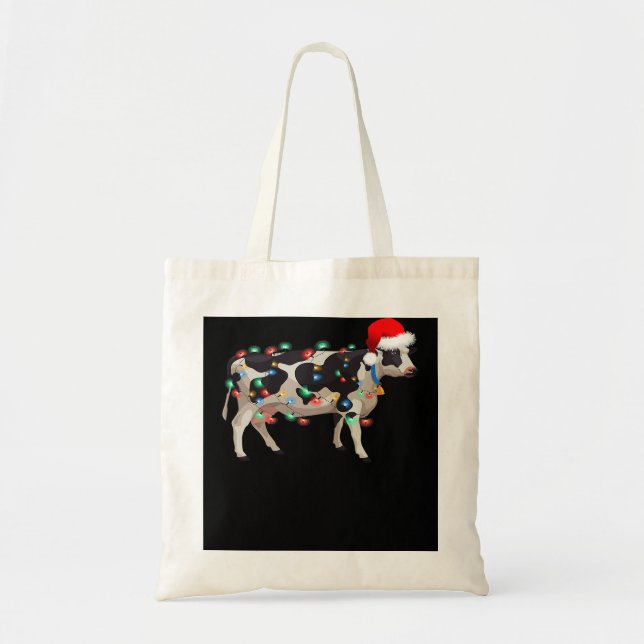 Cow Christmas Heifer Santa Hat Christmas Lights Co Tote Bag (Front)