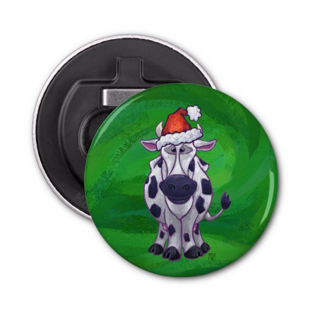 Cow Christmas On Green Bottle Opener (Front)