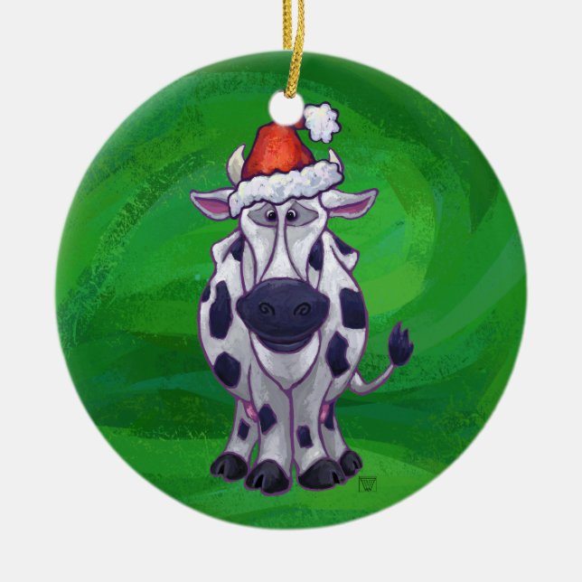 Cow Christmas On Green Ceramic Tree Decoration (Front)
