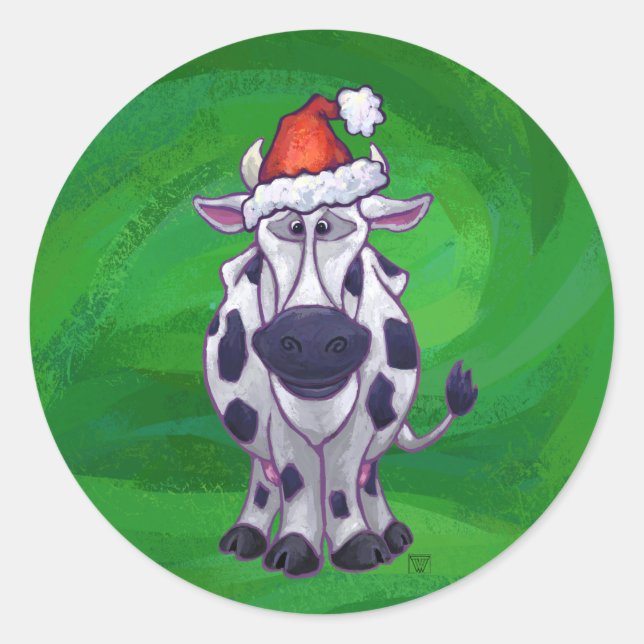 Cow Christmas On Green Classic Round Sticker (Front)