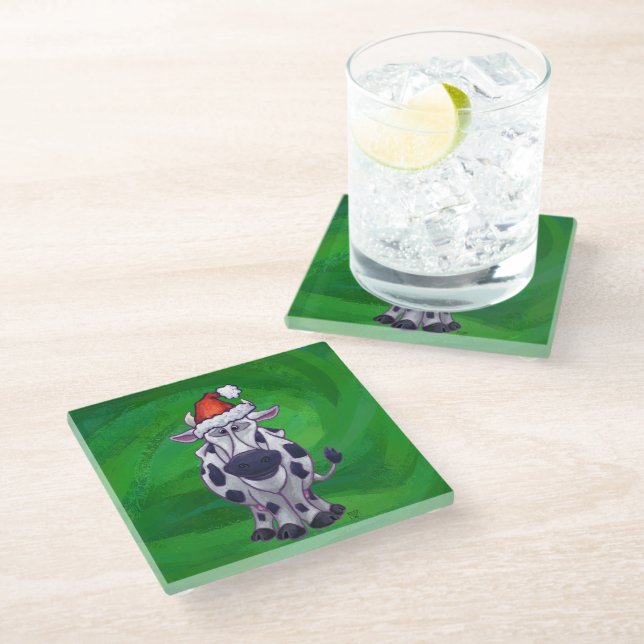 Cow Christmas On Green Glass Coaster (Angled)