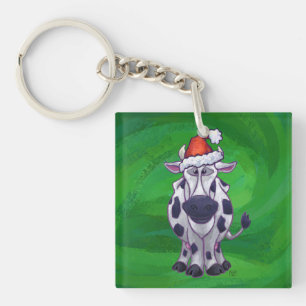 Cow Christmas On Green Key Ring