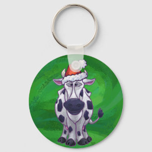 Cow Christmas On Green Key Ring