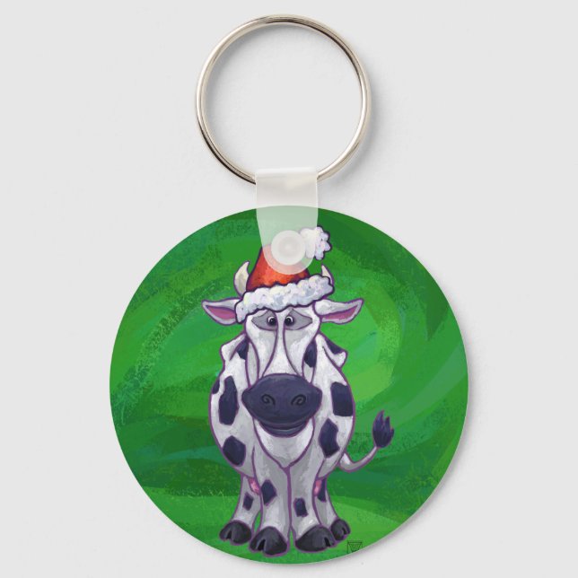 Cow Christmas On Green Key Ring (Front)