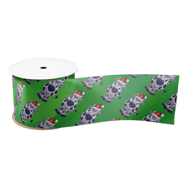Cow Christmas On Green Satin Ribbon (Spool)