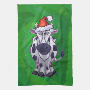 Cow Christmas On Green Tea Towel