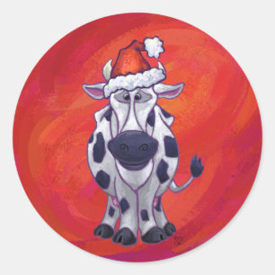 Cow Christmas on Red Feild Classic Round Sticker