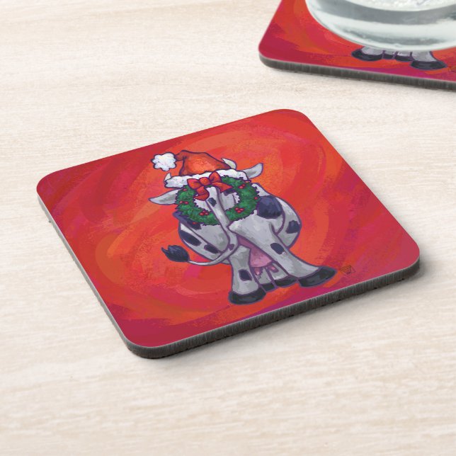 Cow Christmas on Red Feild Coaster (Left Side)