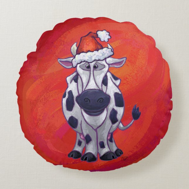 Cow Christmas on Red Feild Round Cushion (Front)