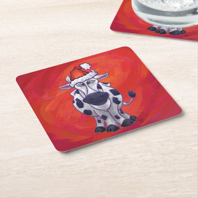 Cow Christmas on Red Feild Square Paper Coaster (Angled)