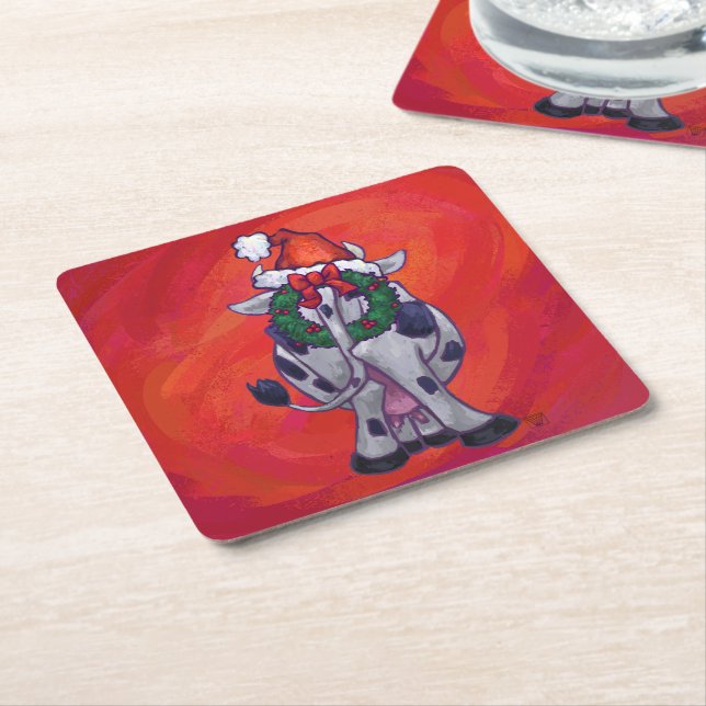 Cow Christmas on Red Feild Square Paper Coaster (Angled)