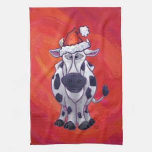 Cow Christmas on Red Feild Tea Towel
