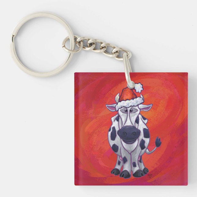 Cow Christmas On Red Key Ring (Front)