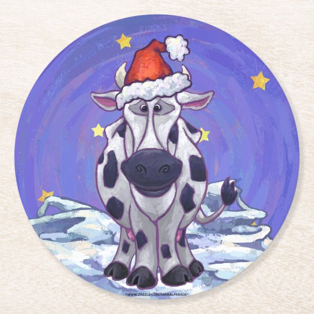 Cow Christmas Round Paper Coaster (Front)