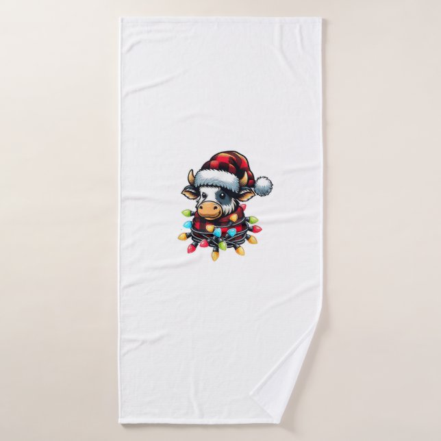 Cow Christmas Santa Hat Buffalo Plaid Xmas Cow Lov Bath Towel (Bath Towel)