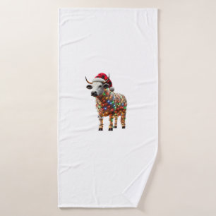 Cow Christmas Santa Hat Buffalo Plaid Xmas Cow Lov Bath Towel
