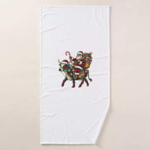 Cow Christmas Santa Hat Buffalo Plaid Xmas Cow Lov Bath Towel