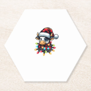 Cow Christmas Santa Hat Buffalo Plaid Xmas Cow Lov Paper Coaster