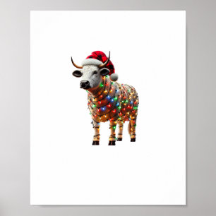 Cow Christmas Santa Hat Buffalo Plaid Xmas Cow Lov Poster