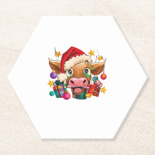 Cow Christmas Santa Hat Lights Christmas Tree Chri Paper Coaster