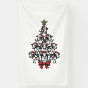 Cow Christmas Tree Vintage Engraving Holiday Farm Banner