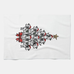 Cow Christmas Tree Vintage Engraving Holiday Farm Tea Towel