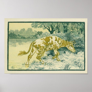 Cow Countryside Vintage Print Green Gold