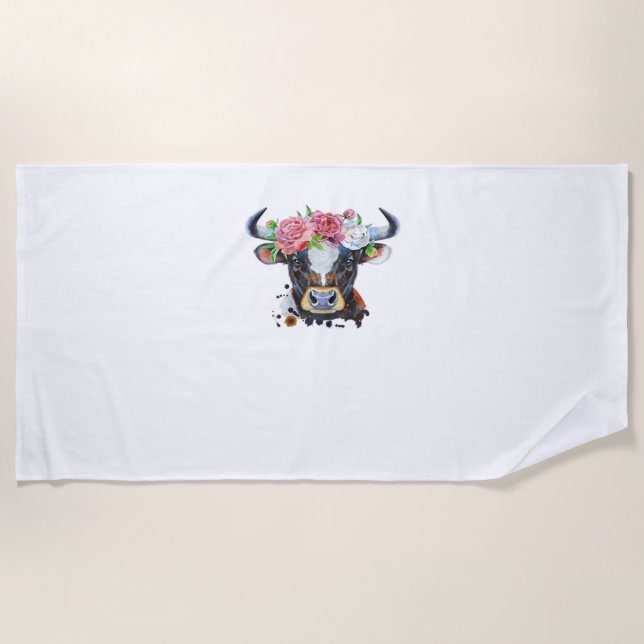 Cow crowned with flowers Classic T-Shirt Beach Towel (Front)