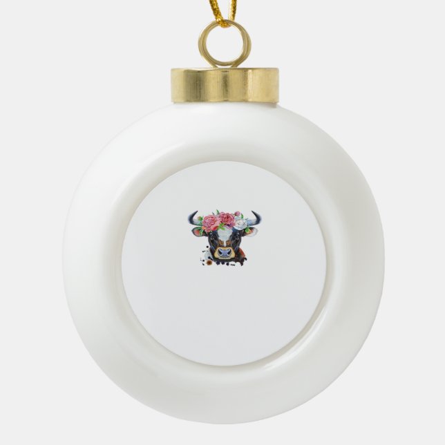 Cow crowned with flowers Classic T-Shirt Ceramic Ball Christmas Ornament (Front)