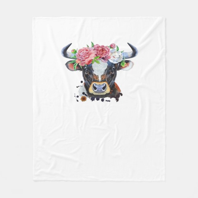 Cow crowned with flowers Classic T-Shirt Fleece Blanket (Front)