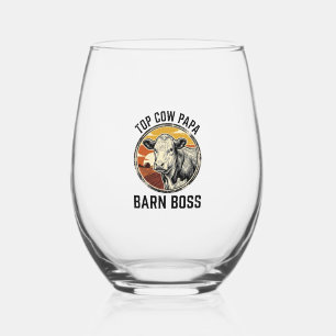 Cow Dad Shirt Vintage Engraved Farm Father Graphic Stemless Wine Glass