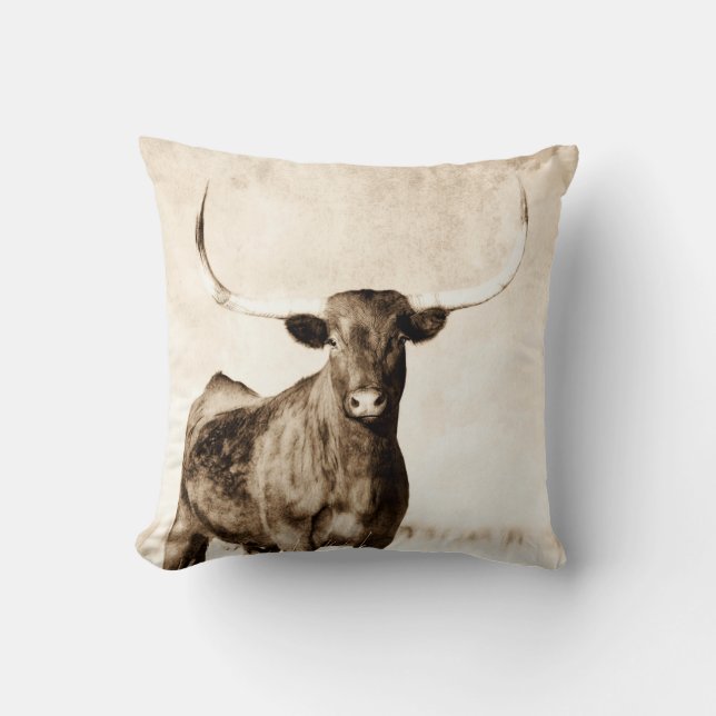 cow decor longhorn sepia tones farmhouse  cushion (Front)