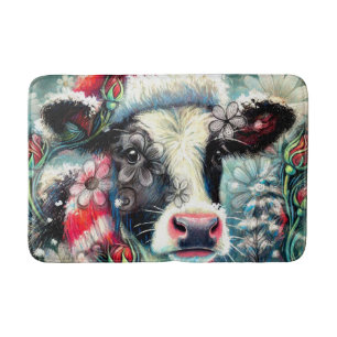 Cow Dreaming of Warmer Times Teal Red Floral Bath Mat