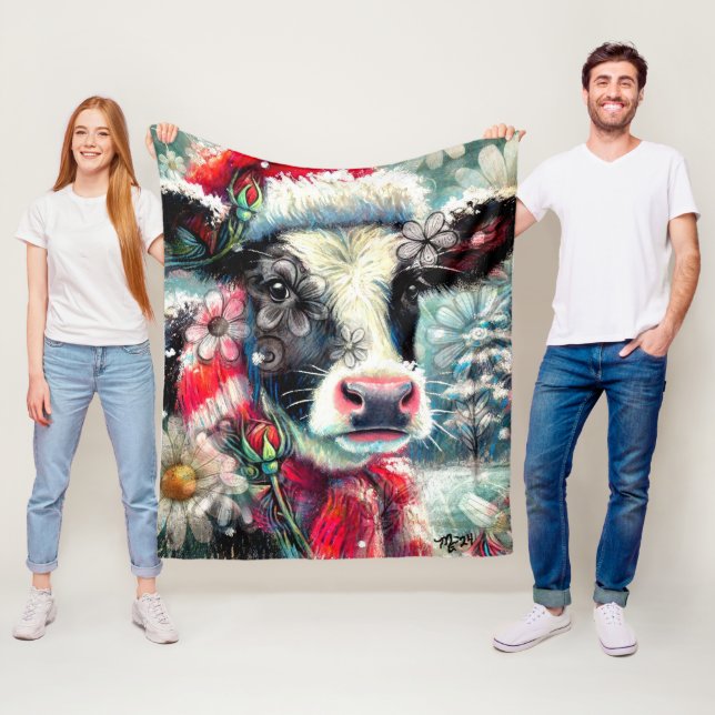Cow Dreaming of Warmer Times Teal Red Floral Fleece Blanket (In Situ)