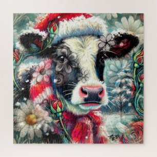 Cow Dreaming of Warmer Times Teal Red Floral Jigsaw Puzzle