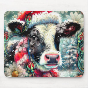 Cow Dreaming of Warmer Times Teal Red Floral Mouse Mat