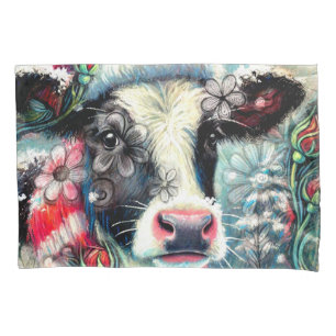 Cow Dreaming of Warmer Times Teal Red Floral Pillowcase