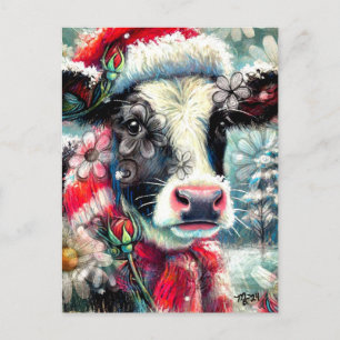 Cow Dreaming of Warmer Times Teal Red Floral Postcard