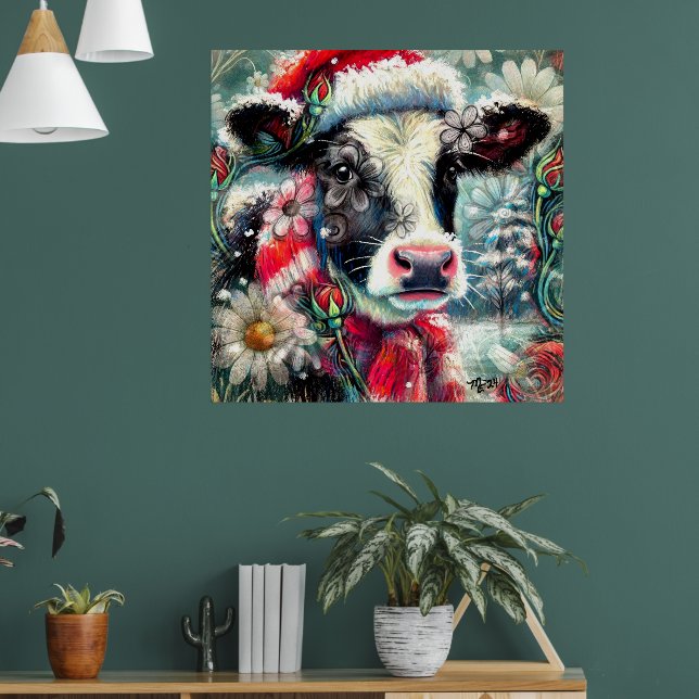 Cow Dreaming of Warmer Times Teal Red Floral Poster (Living Room 1)