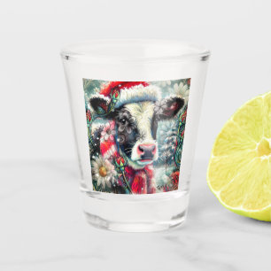 Cow Dreaming of Warmer Times Teal Red Floral Shot Glass