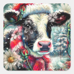Cow Dreaming of Warmer Times Teal Red Floral Square Sticker