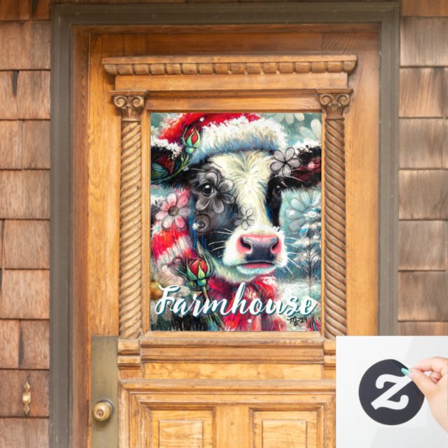 Cow Dreaming of Warmer Times Teal Red Floral Window Cling (Home Door)