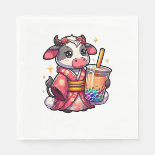 Cow Drinking Bubble Tea Japanese Kimono _1_1 Napkin