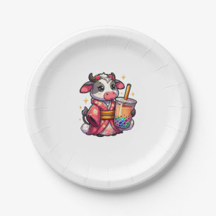 Cow Drinking Bubble Tea Japanese Kimono _1_1 Paper Plate