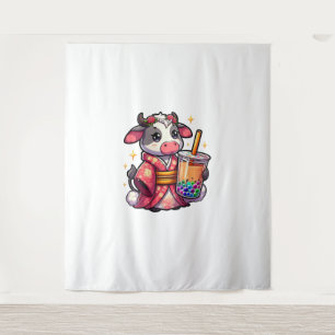 Cow Drinking Bubble Tea Japanese Kimono _1_1 Tapestry