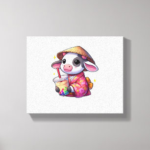 Cow Drinking Bubble Tea Japanese Kimono _1 Canvas Print