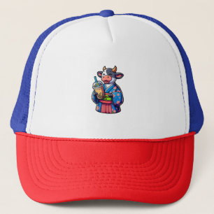 Cow Drinking Bubble Tea Japanese Kimono _2 Trucker Hat